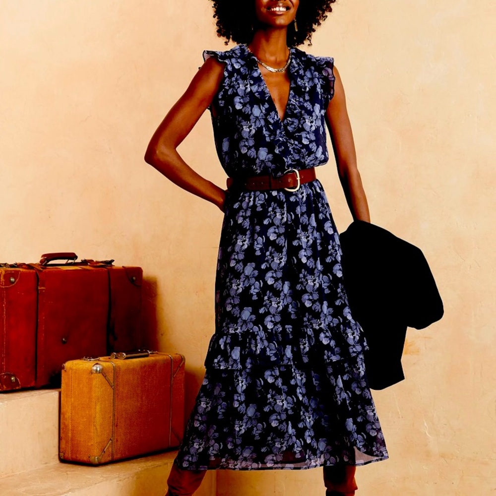Flutter Midi- Navy Blue Floral print. Low-V neck, cap sleeves, Tiered Hem.